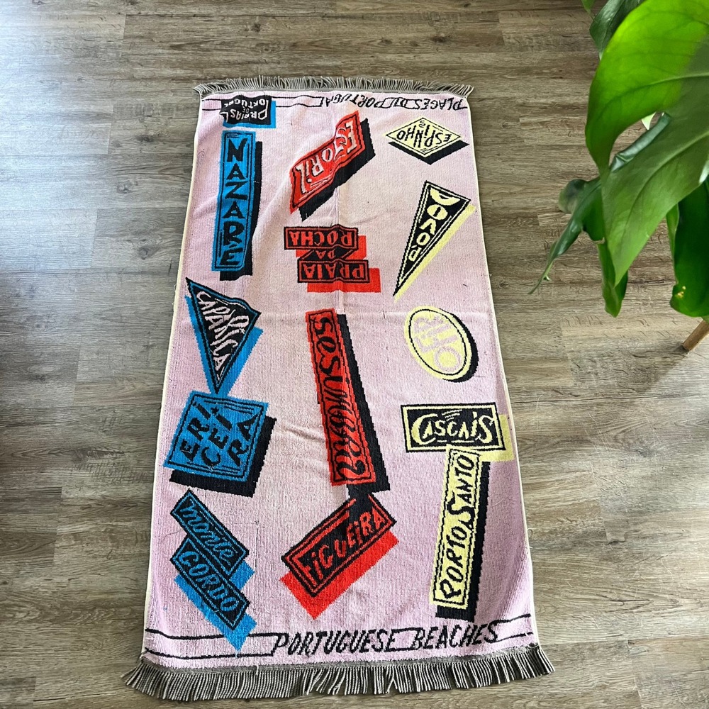 Vintage Portuguese Beaches Souvenir Towel Purple Graphic Fringe 24x47